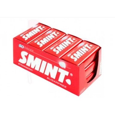 Smint tin sabor fresa estuche 12 cajitas metálicas.